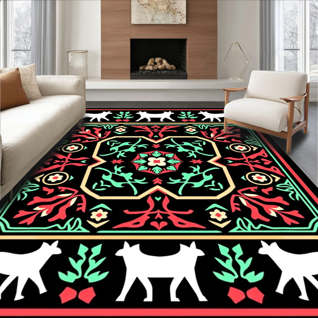 White Animals Red Green Floral Frame Rug