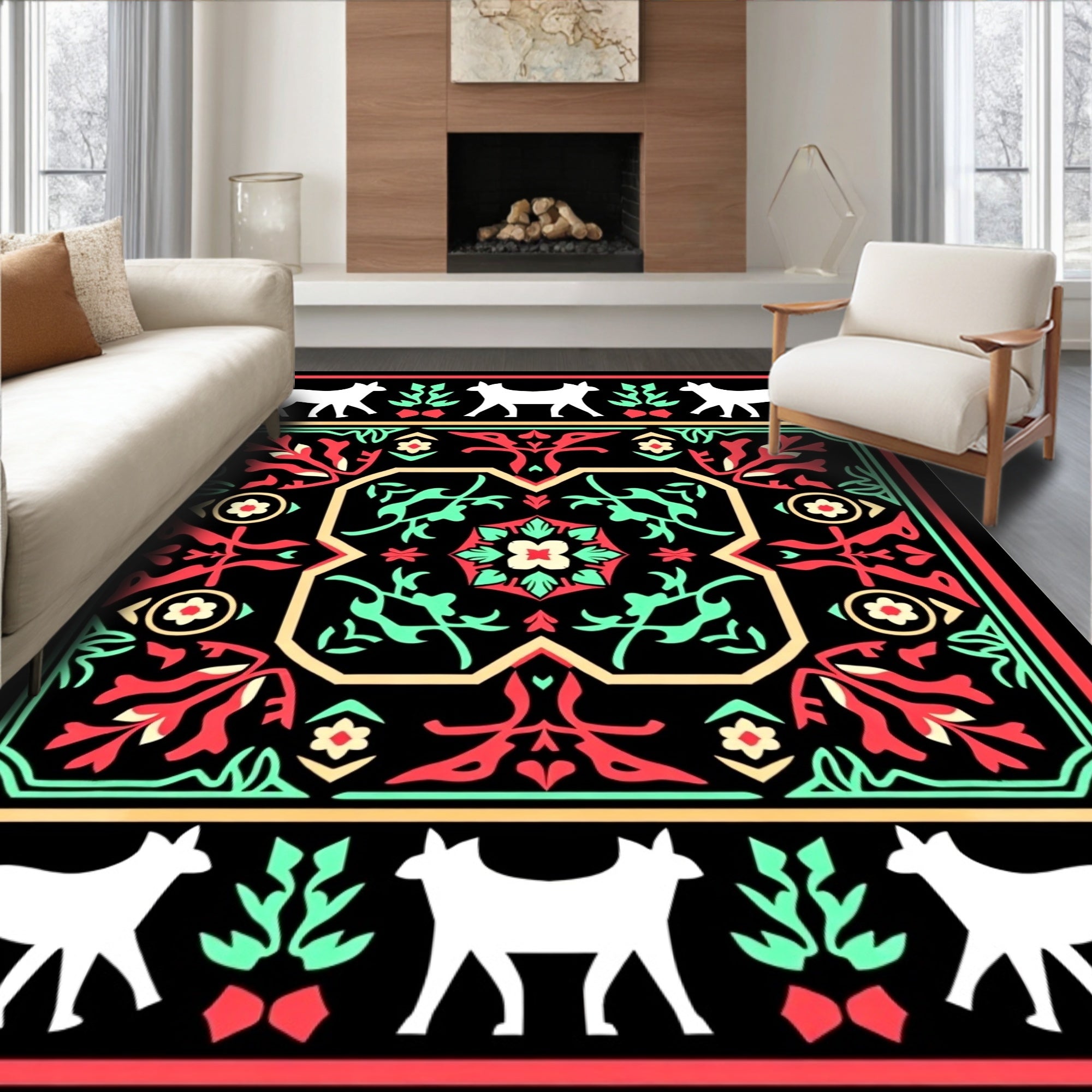 White Animals Red Green Floral Frame Rug