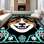 Charming Canine Portrait Teal Floral Frame Rug