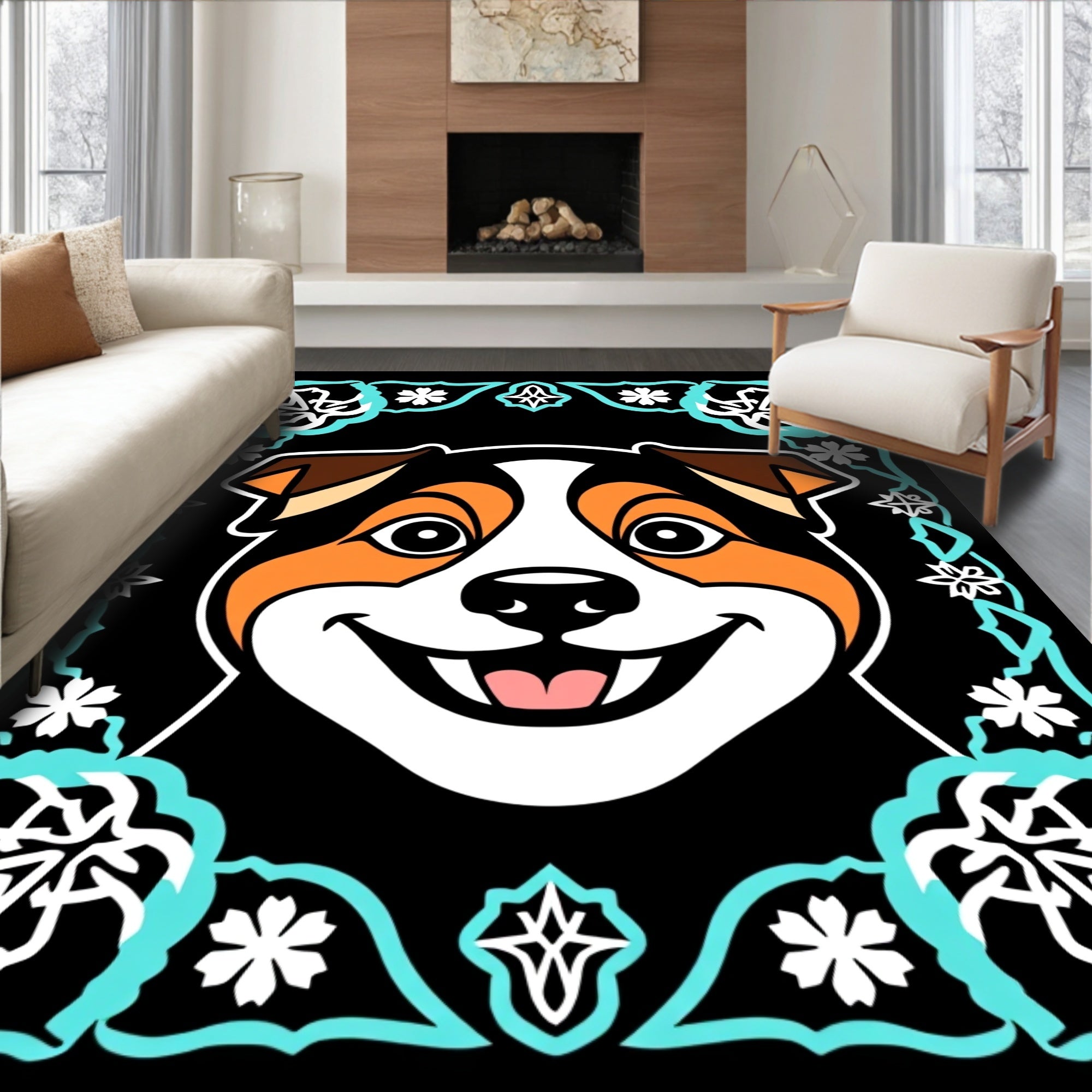 Charming Canine Portrait Teal Floral Frame Rug