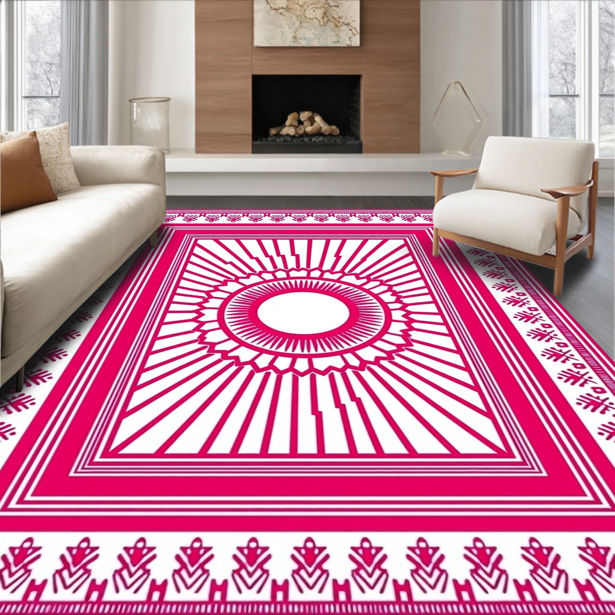 Vivid Magenta Sunburst Geometric Border Rug