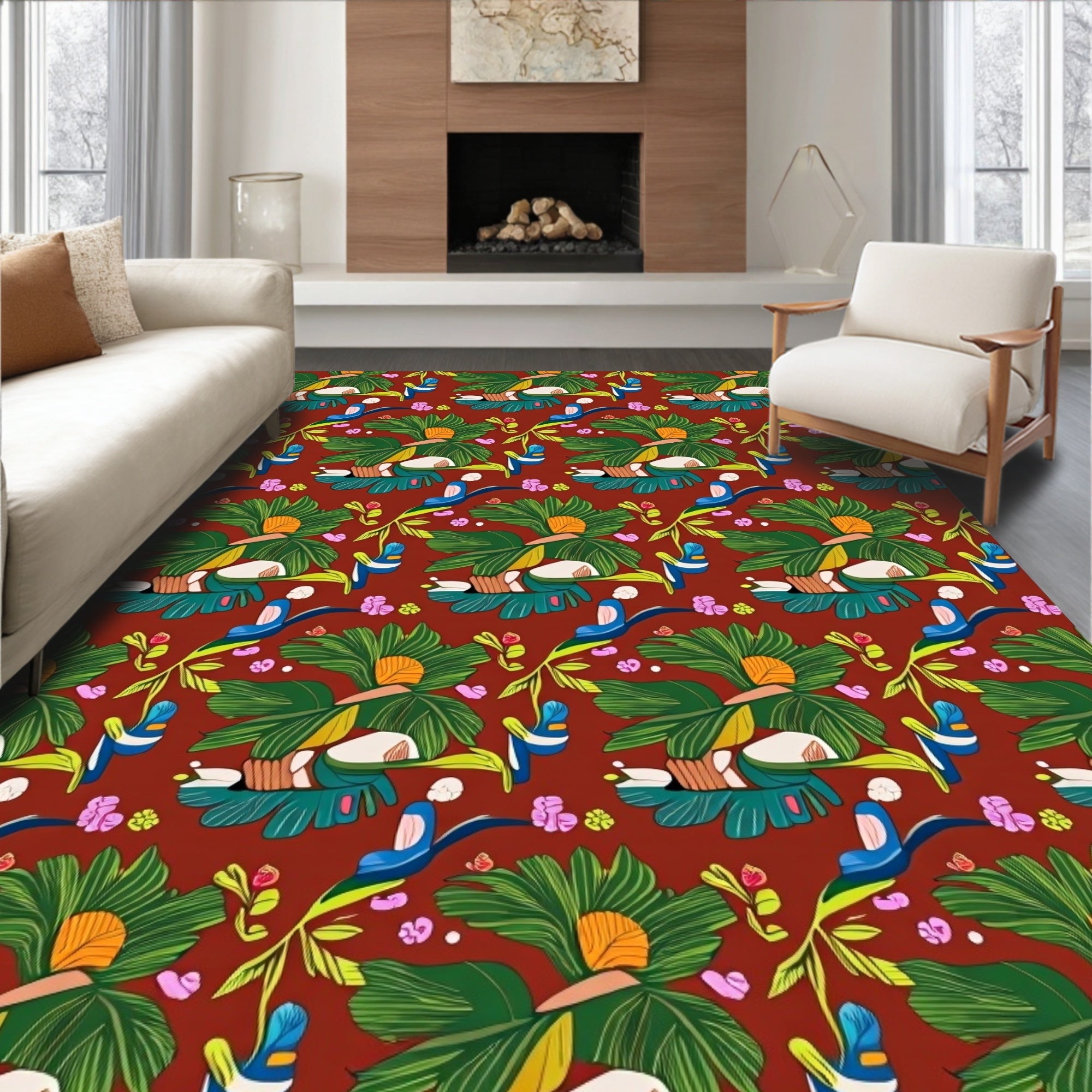 Tropical Teal Leaf Bird Medley Rug