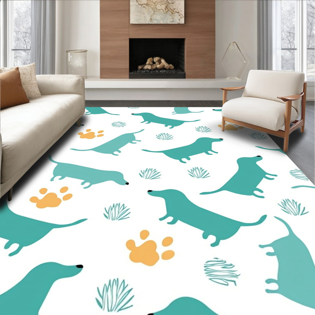 Teal Dachshund Paw Print Grass Rug
