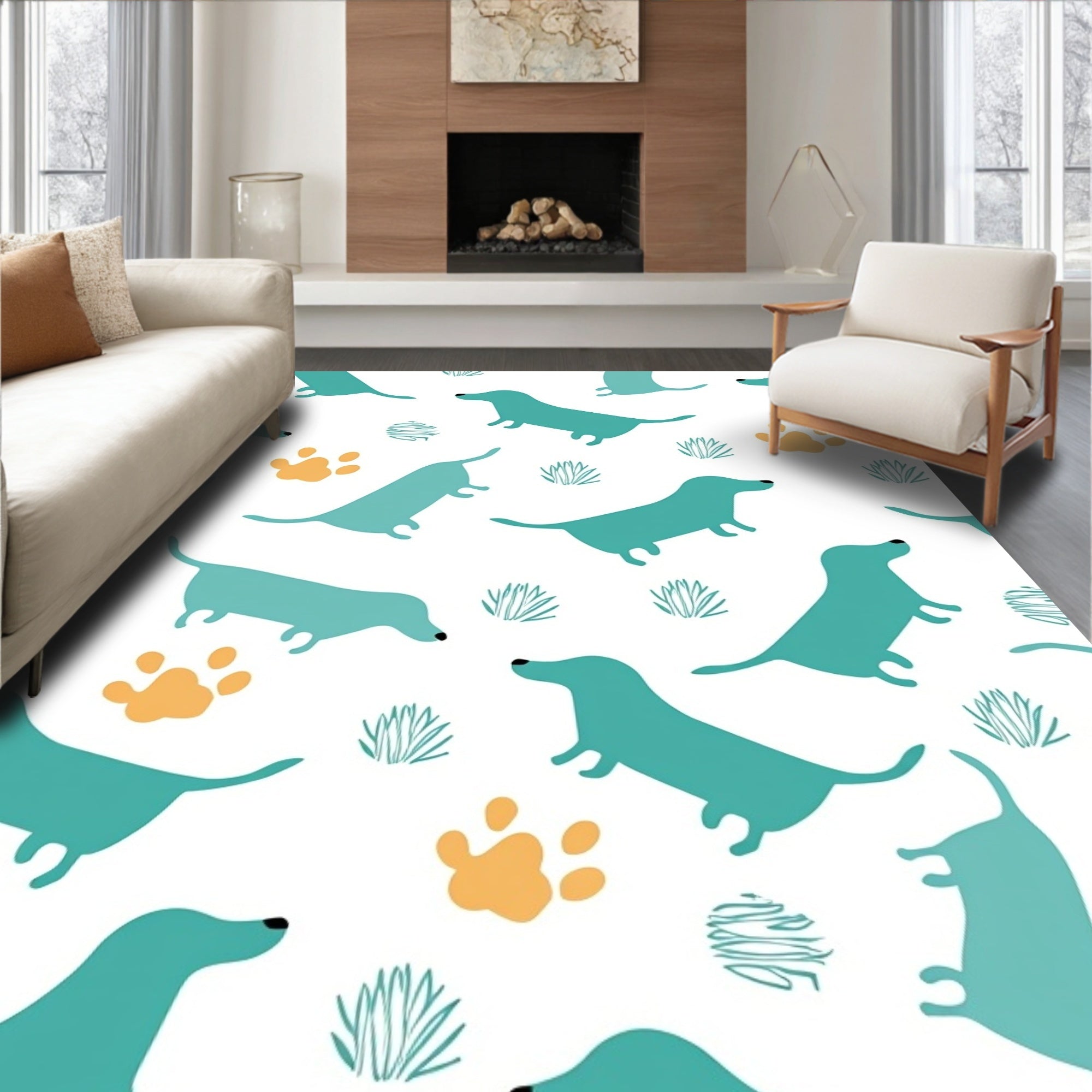 Teal Dachshund Paw Print Grass Rug