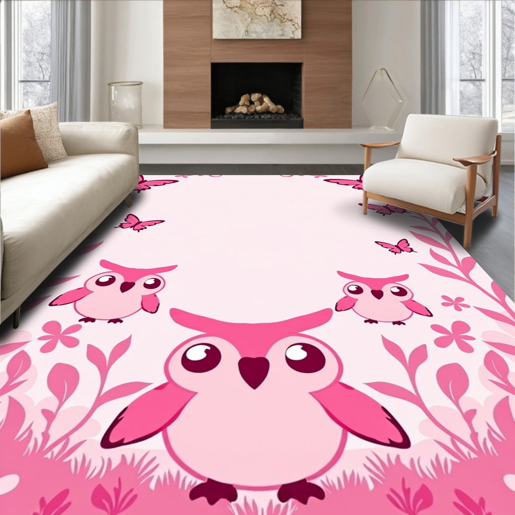 Pink Butterflies And Owls Garden Whimsy Rug