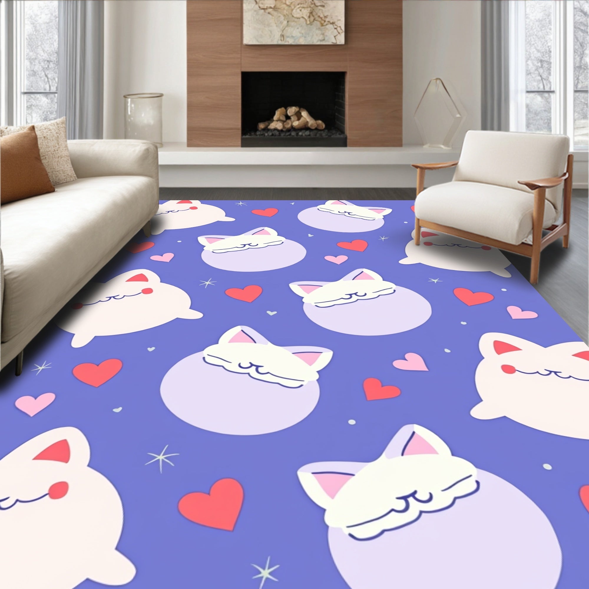 Cute Kawaii Cat Hearts Pattern Rug