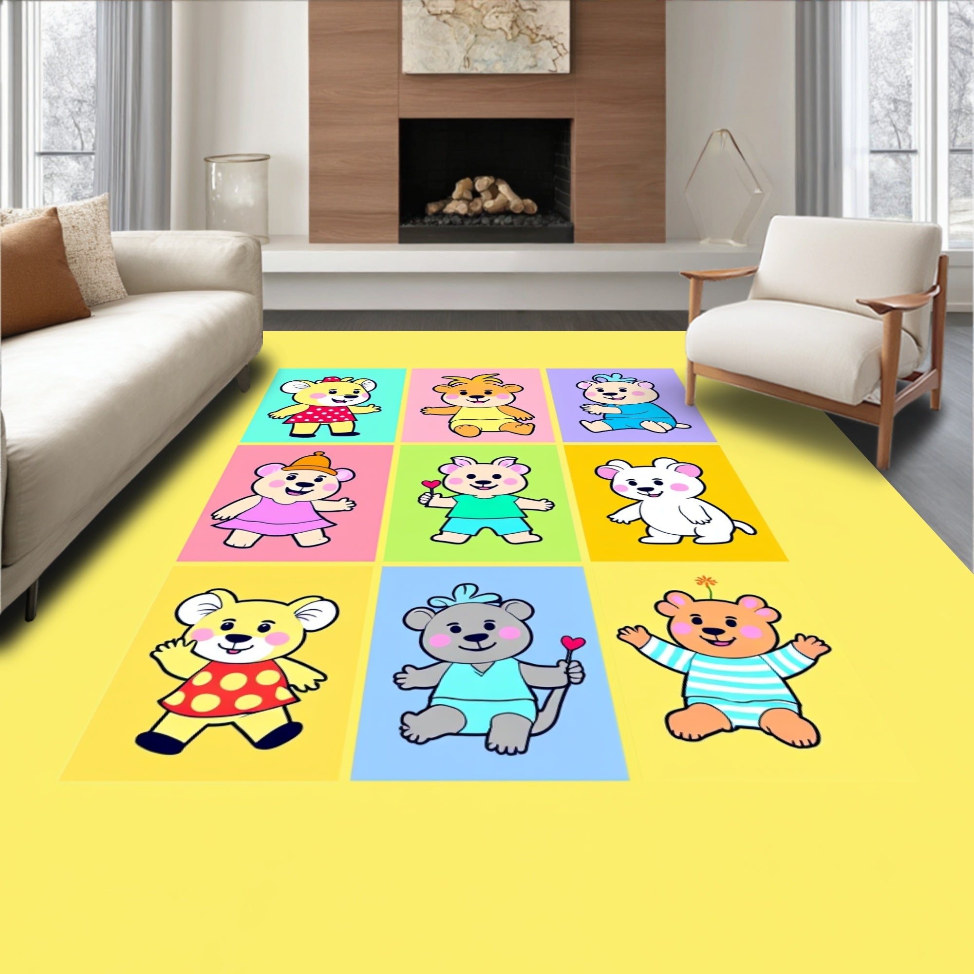 Playful Teddy Bears Grid With Squares Rug