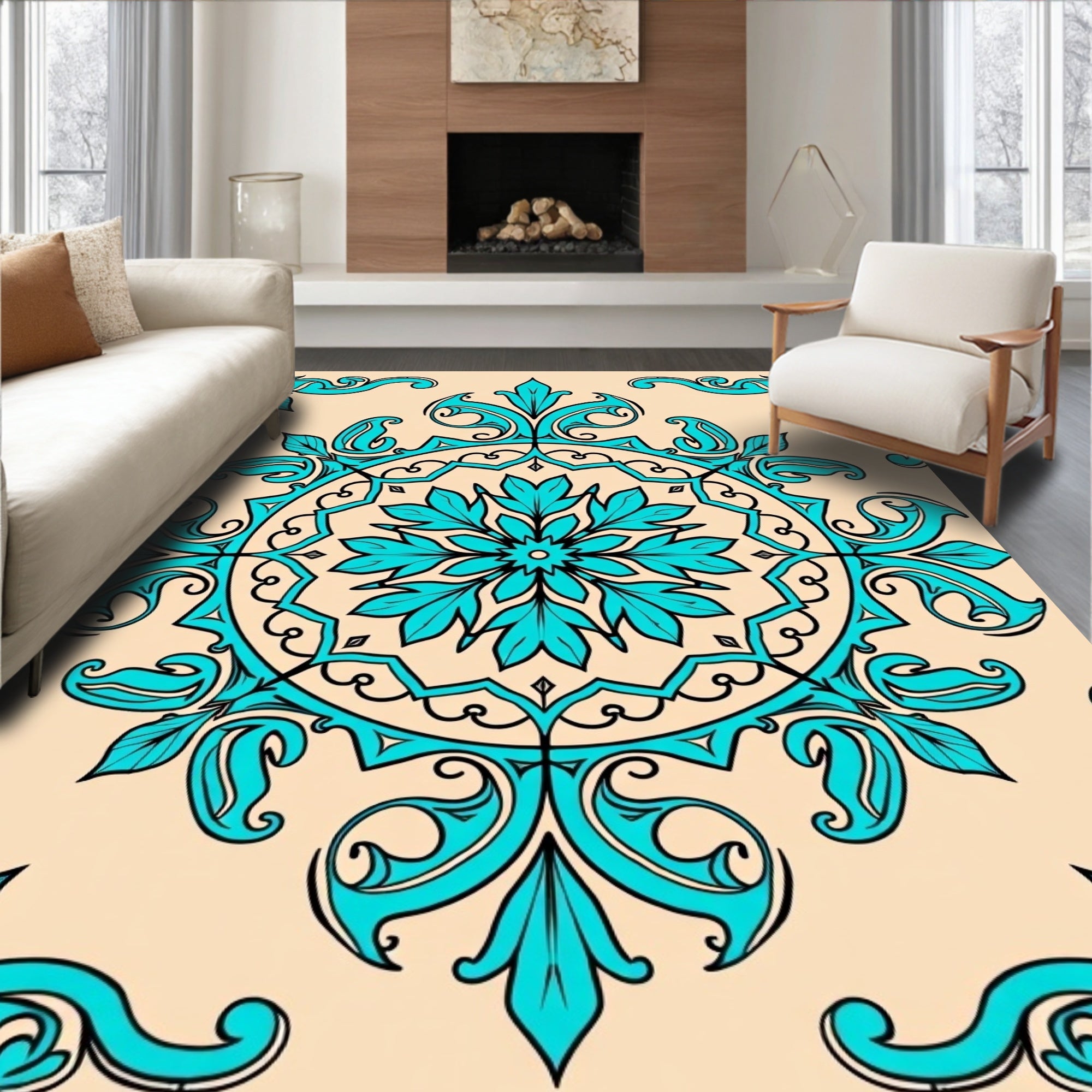 Turquoise Floral Medallion Beige Rug