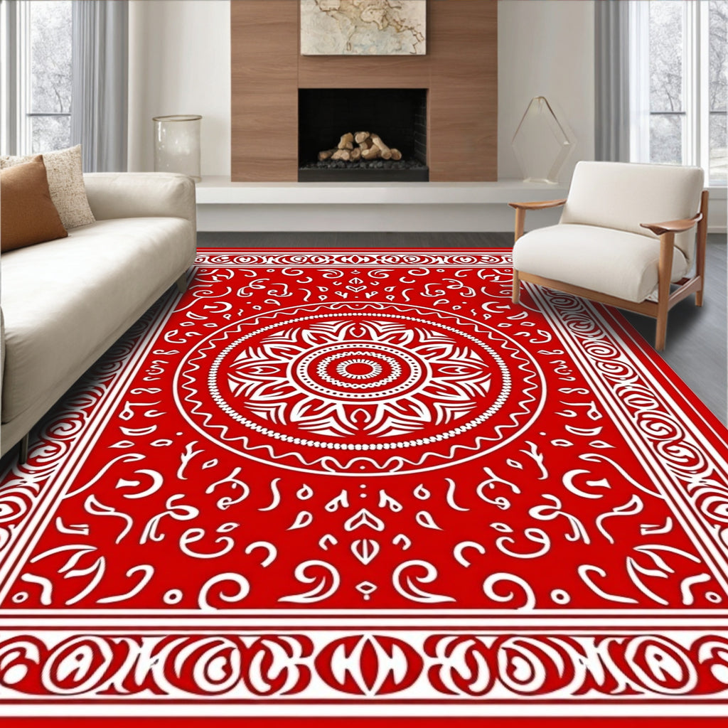 Vibrant Red Mandala Scroll Rug