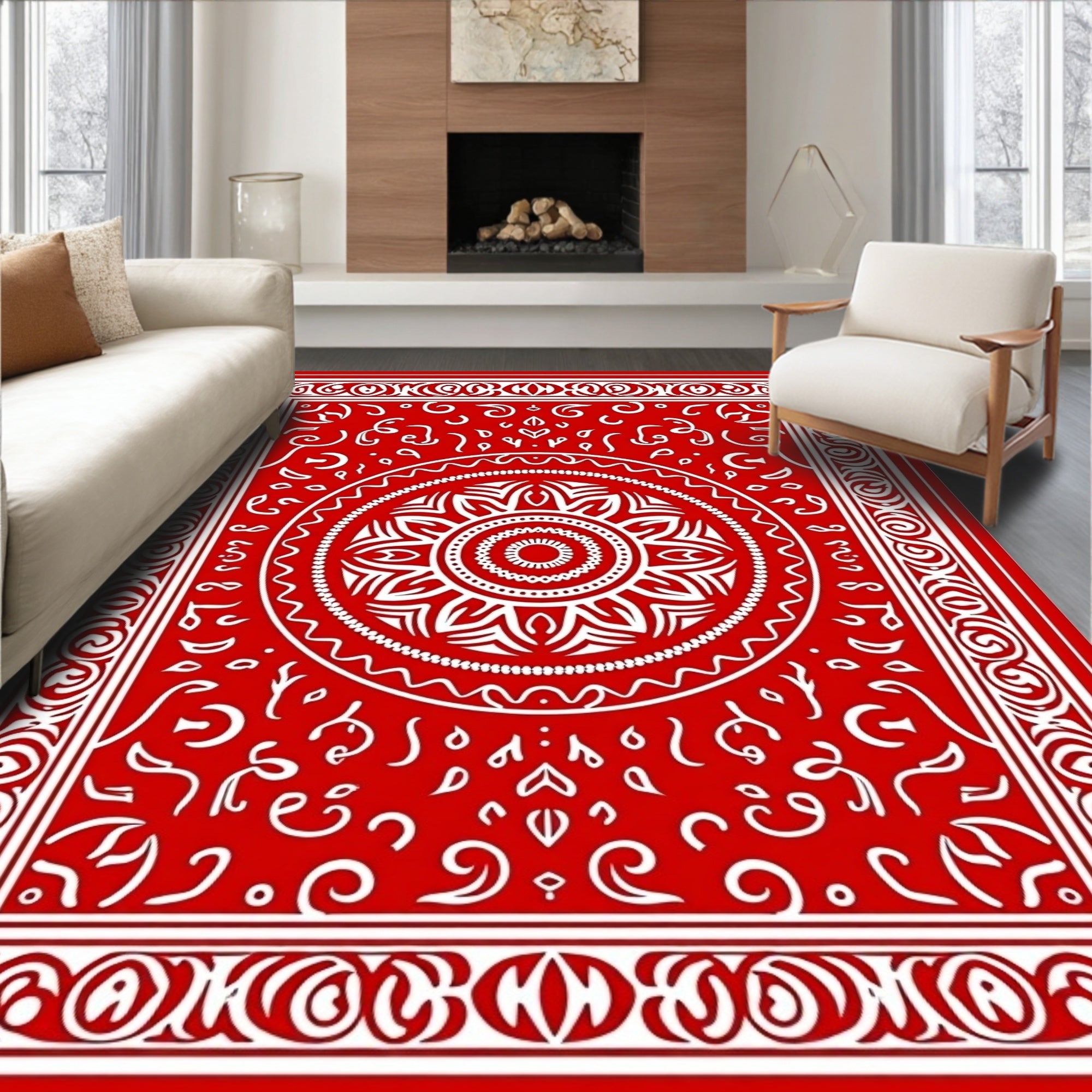 Vibrant Red Mandala Scroll Rug