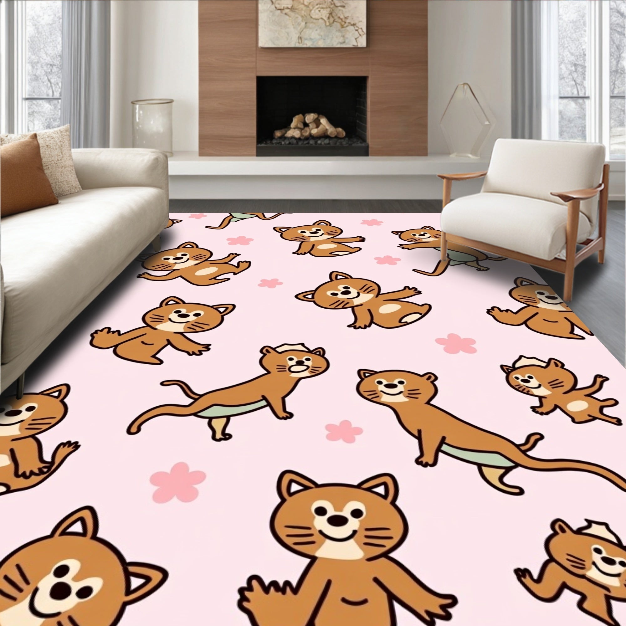 Playful Otter Friends Pink Floral Rug