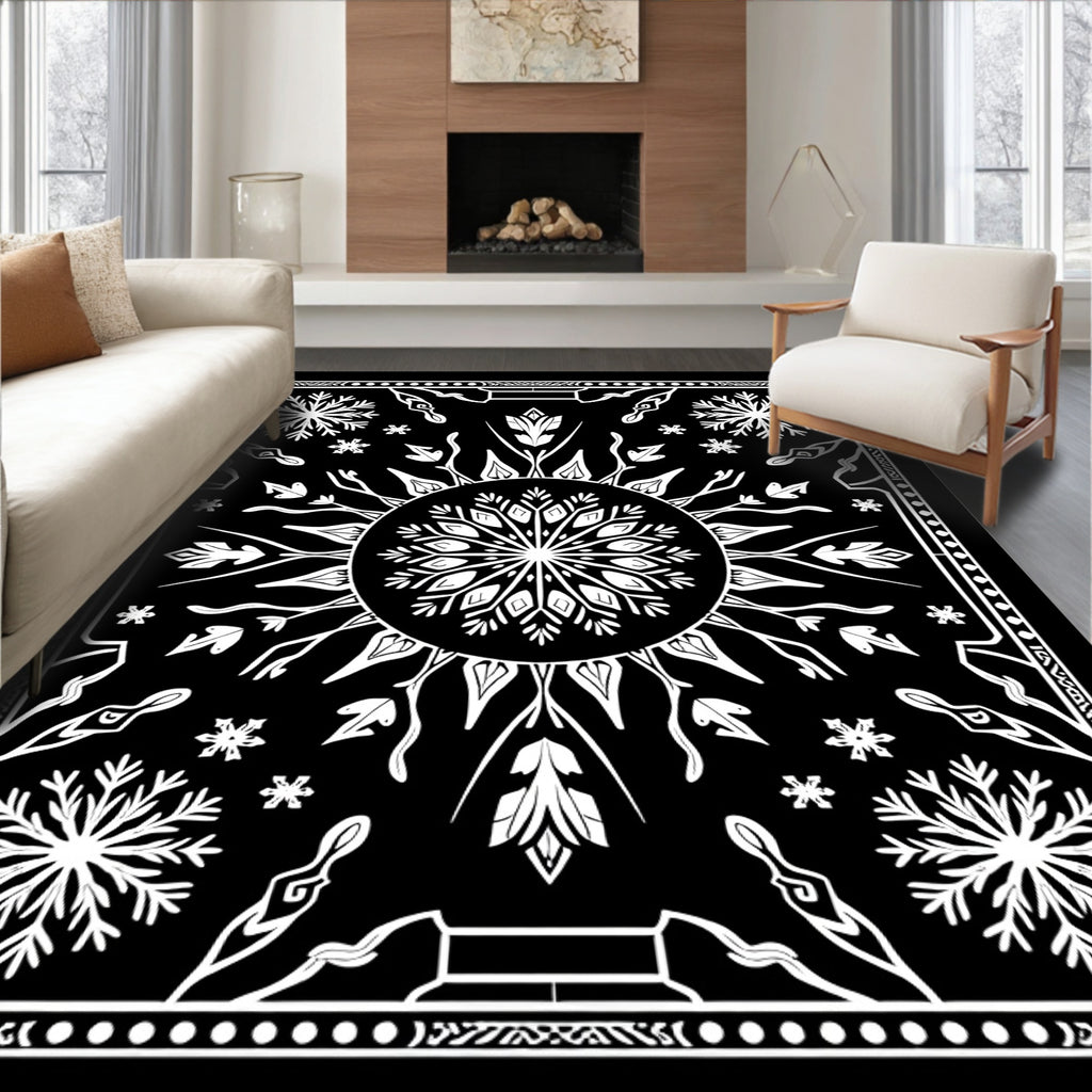 Black White Geometric Sun Snowflake Rug