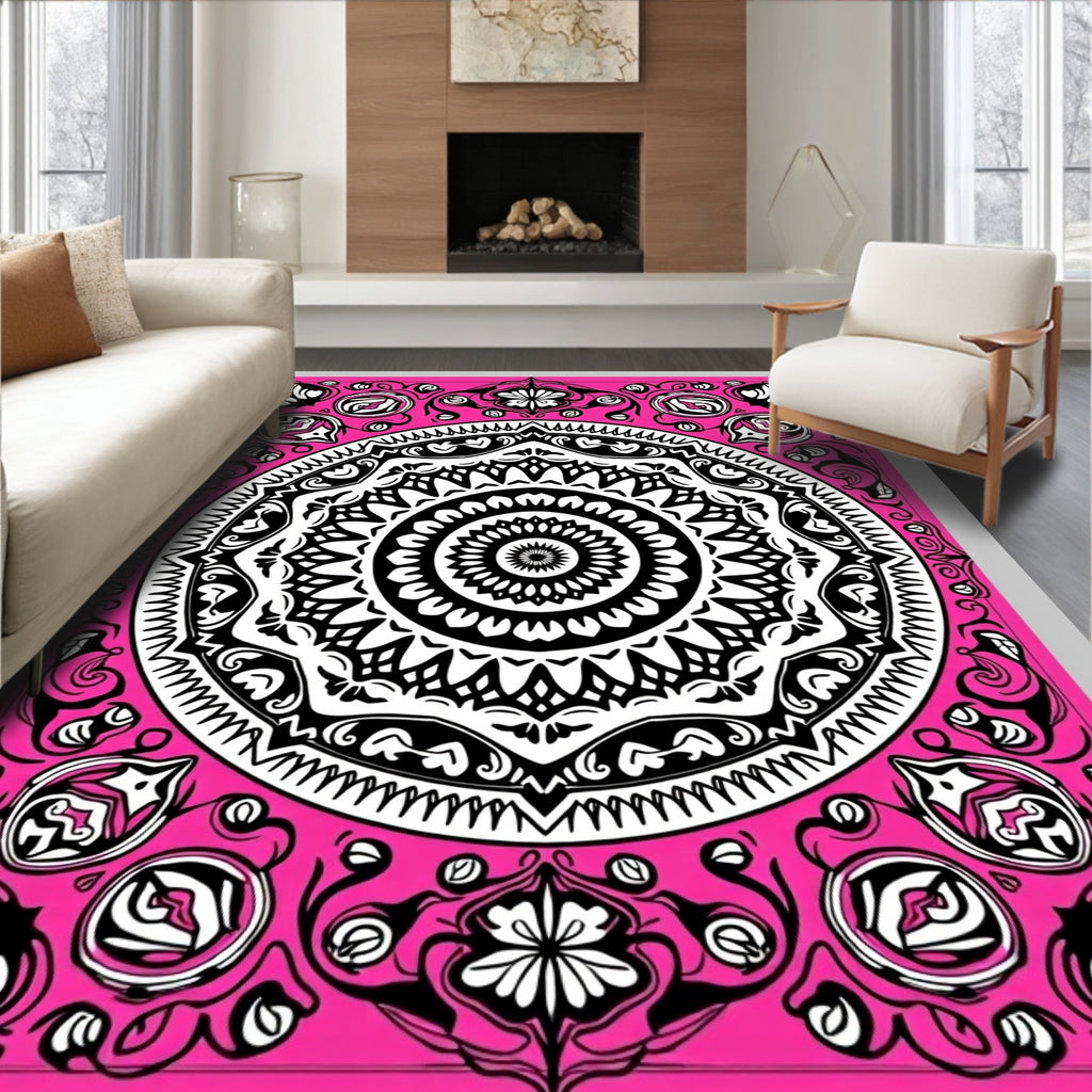 Vibrant Pink Black Mandala Bloom Rug