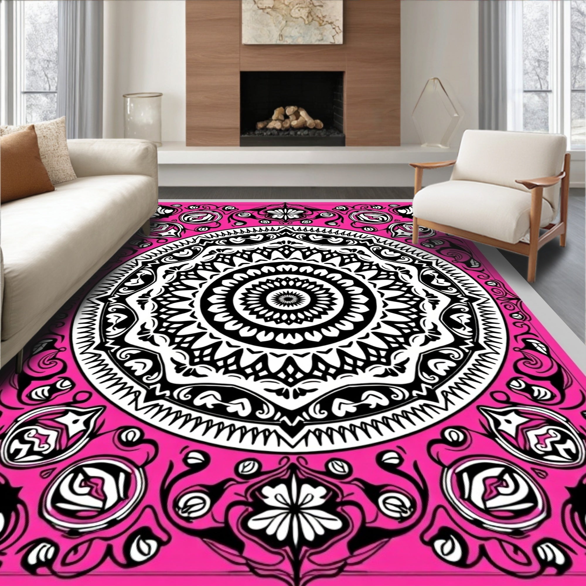 Vibrant Pink Black Mandala Bloom Rug
