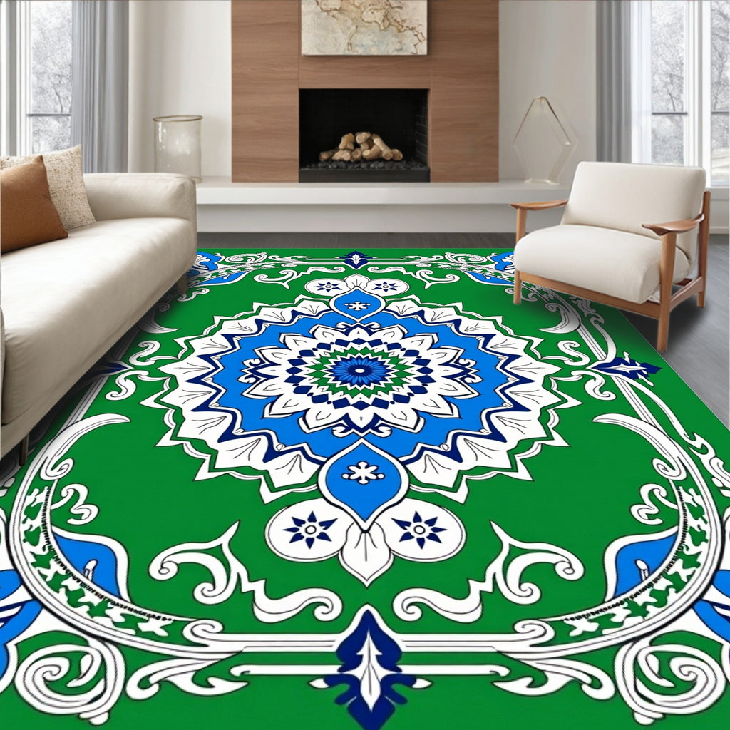 Emerald Green Blue White Medallion Garden Rug
