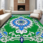 Emerald Green Blue White Medallion Garden Rug