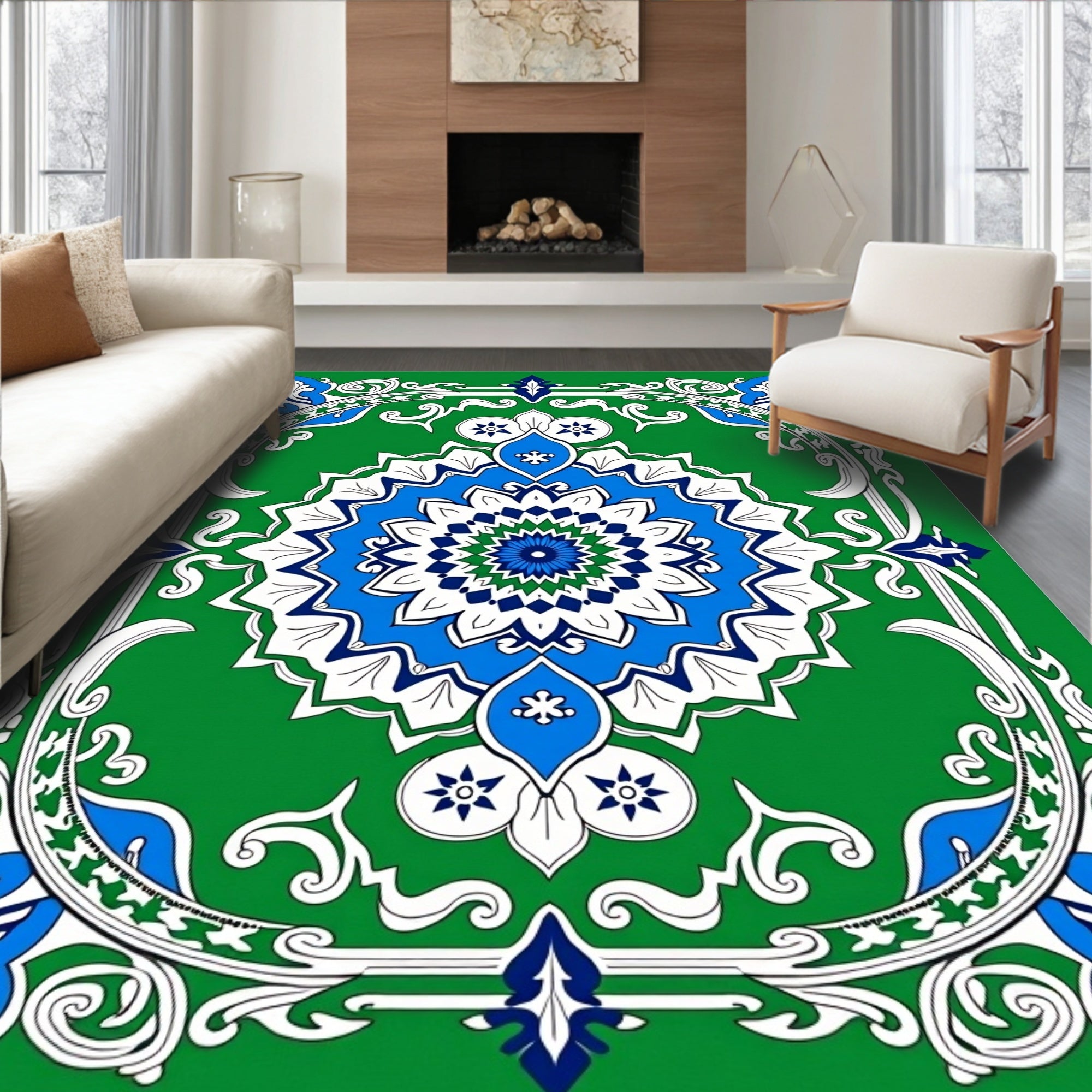 Emerald Green Blue White Medallion Garden Rug