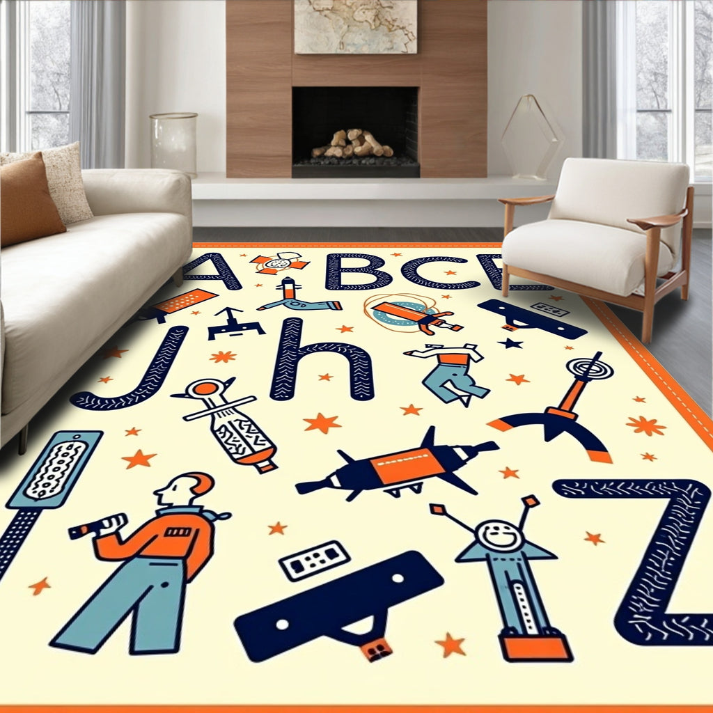 Cosmic Alphabet Orange Blue Rocket Rug