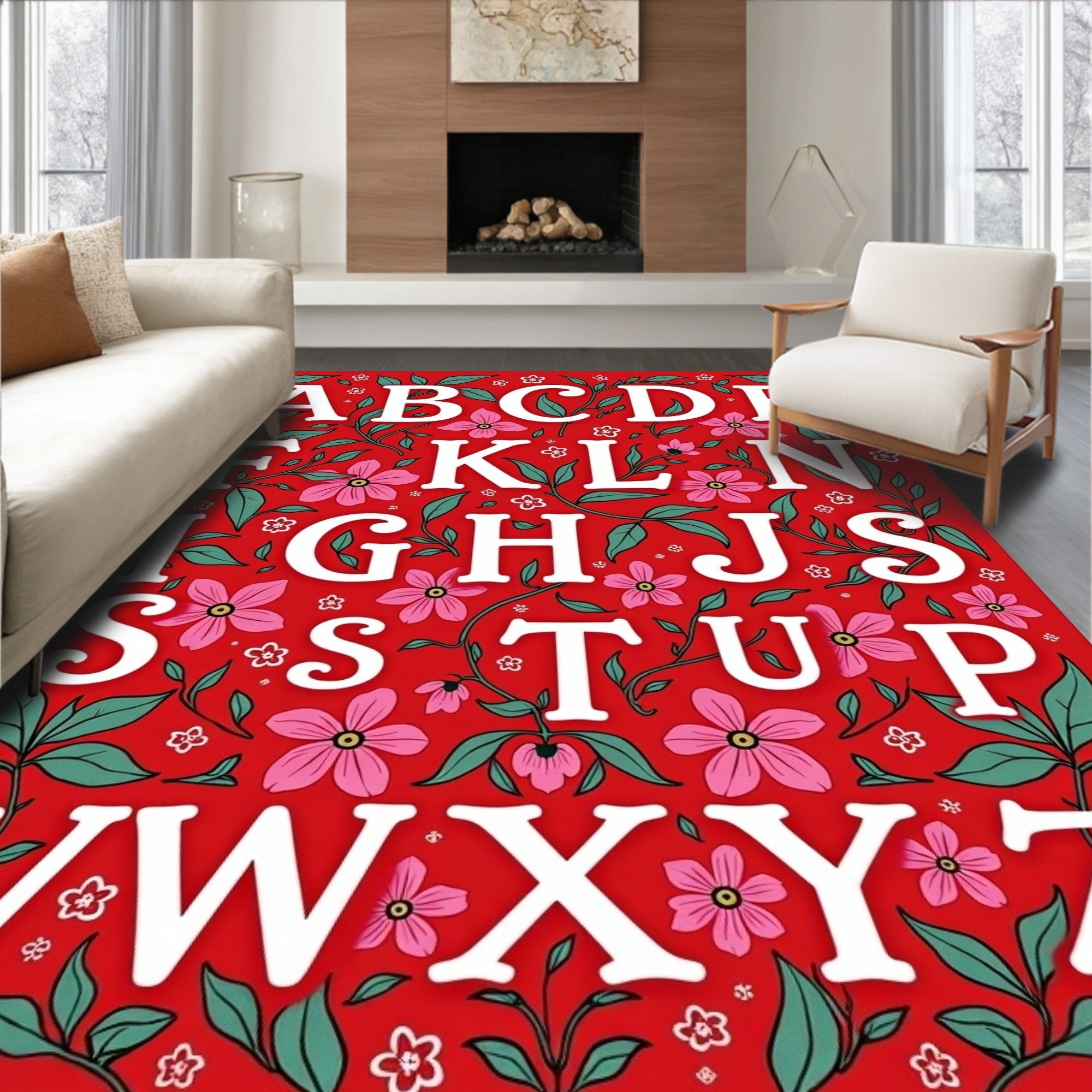 Red Floral Alphabet Garden Rug