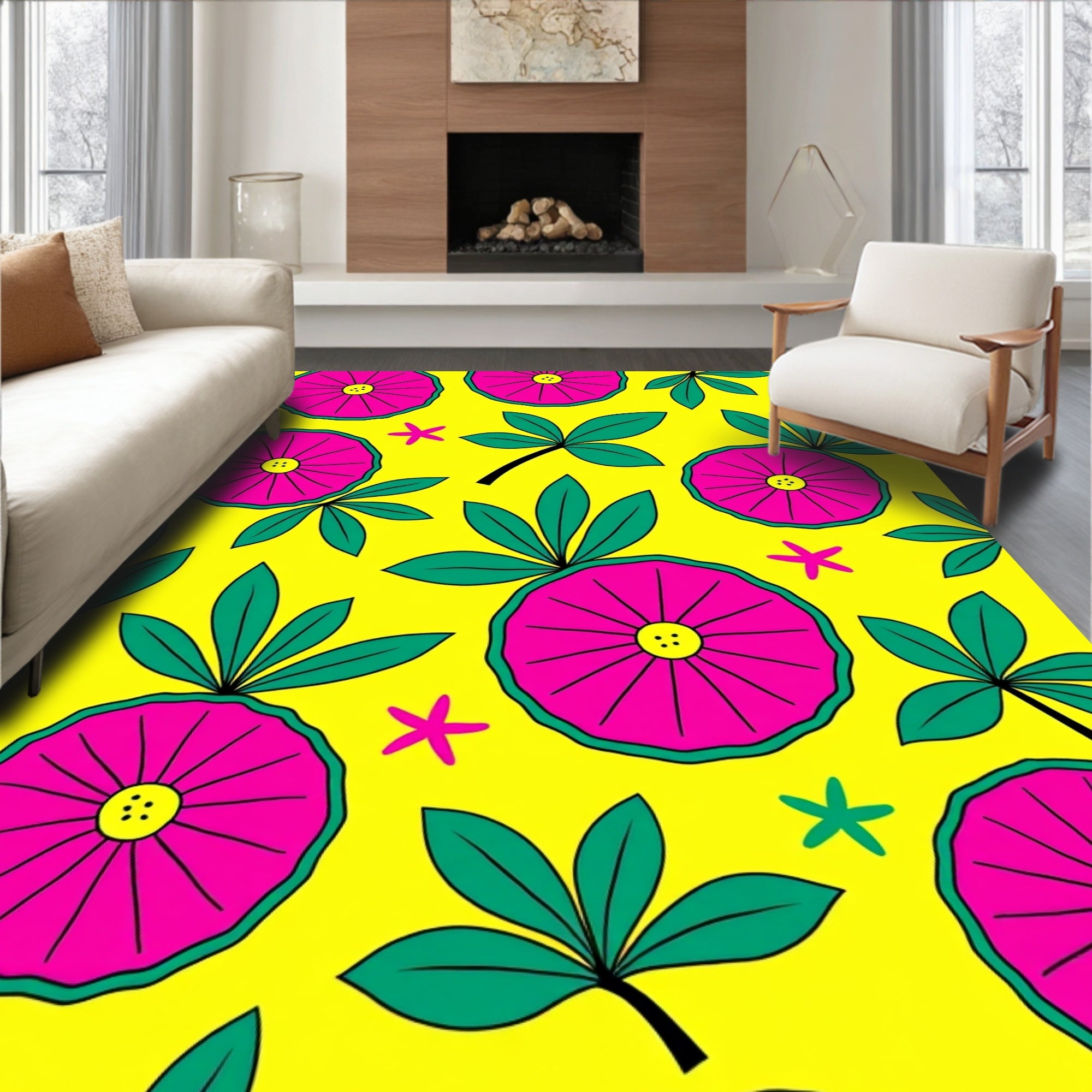 Bright Pink Floral Starburst Yellow Rug