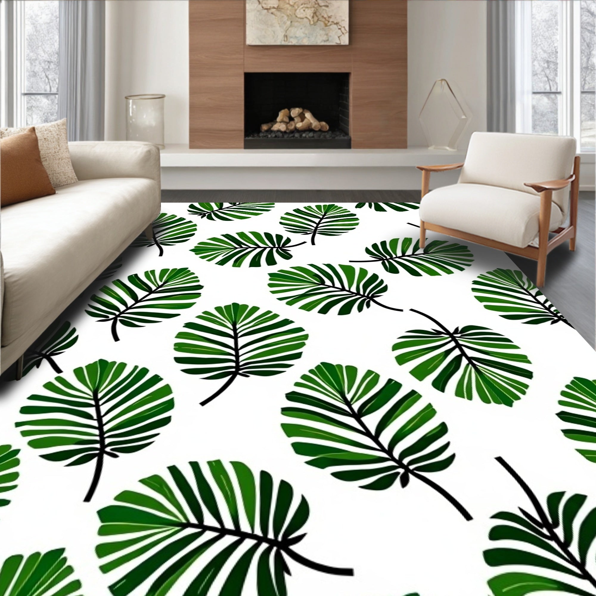 Green Tropical Leaf Pattern Rug