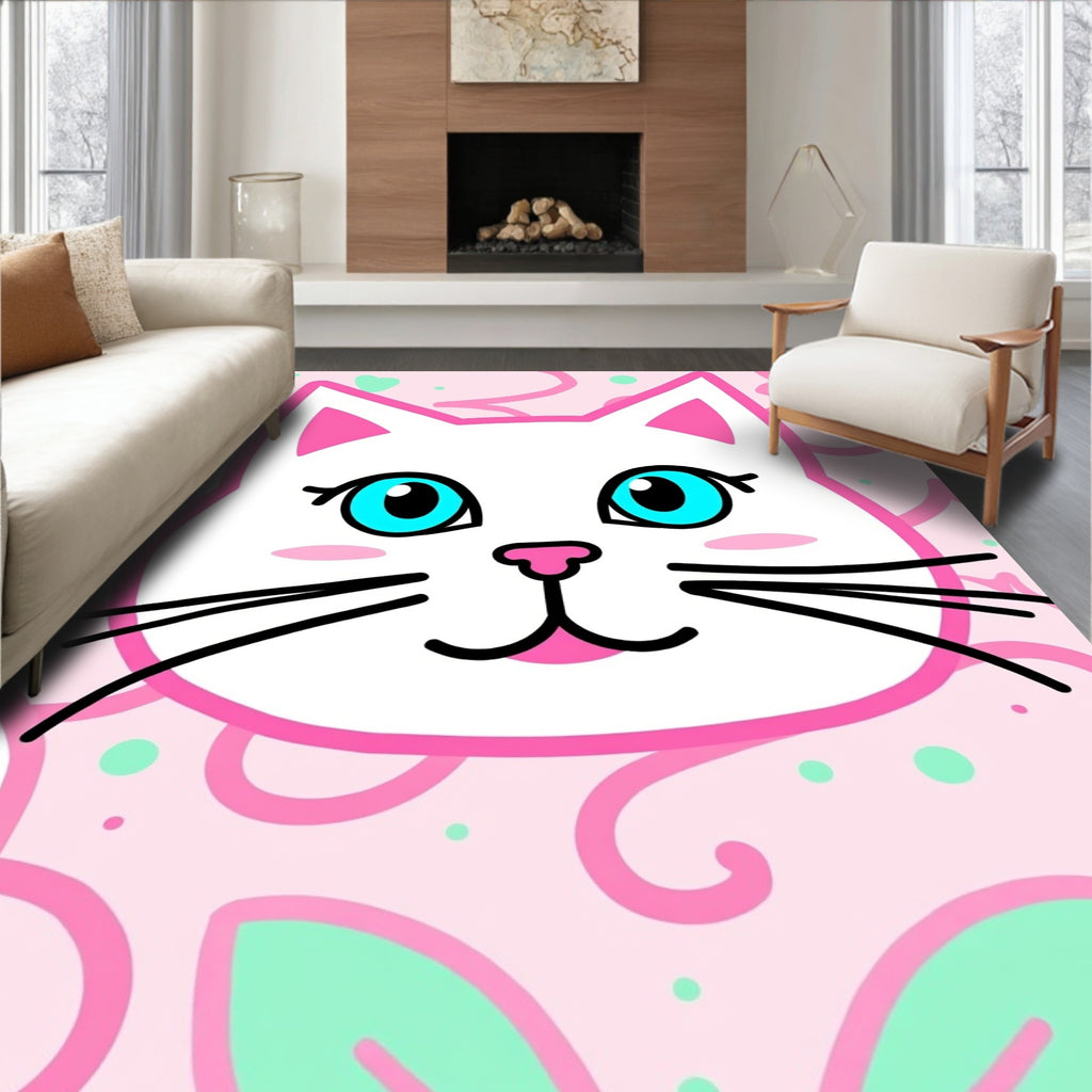 Cute Pink White Cat Blue Eyes Rug