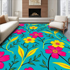 Vibrant Pink Yellow Floral Aqua Canvas Rug