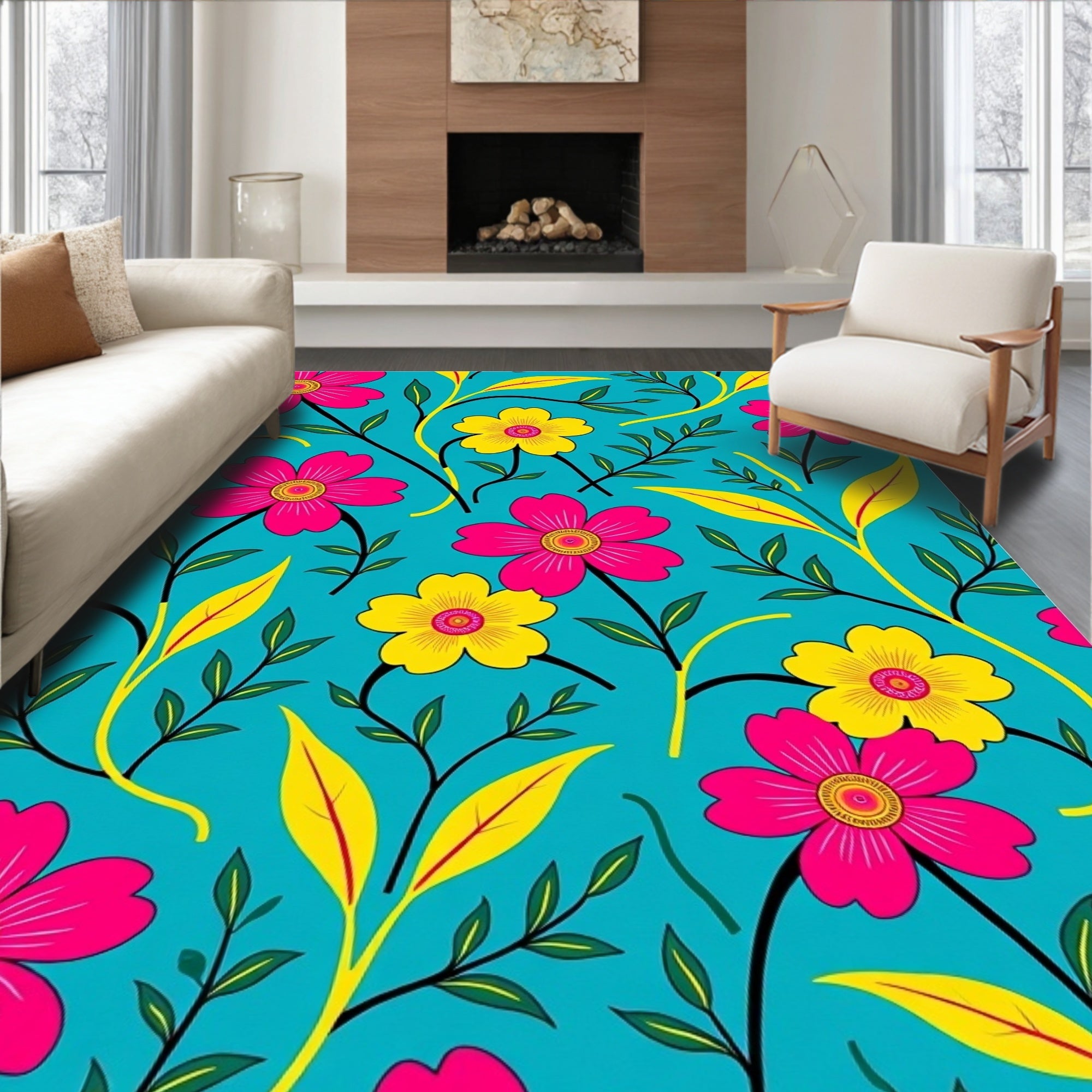 Vibrant Pink Yellow Floral Aqua Canvas Rug