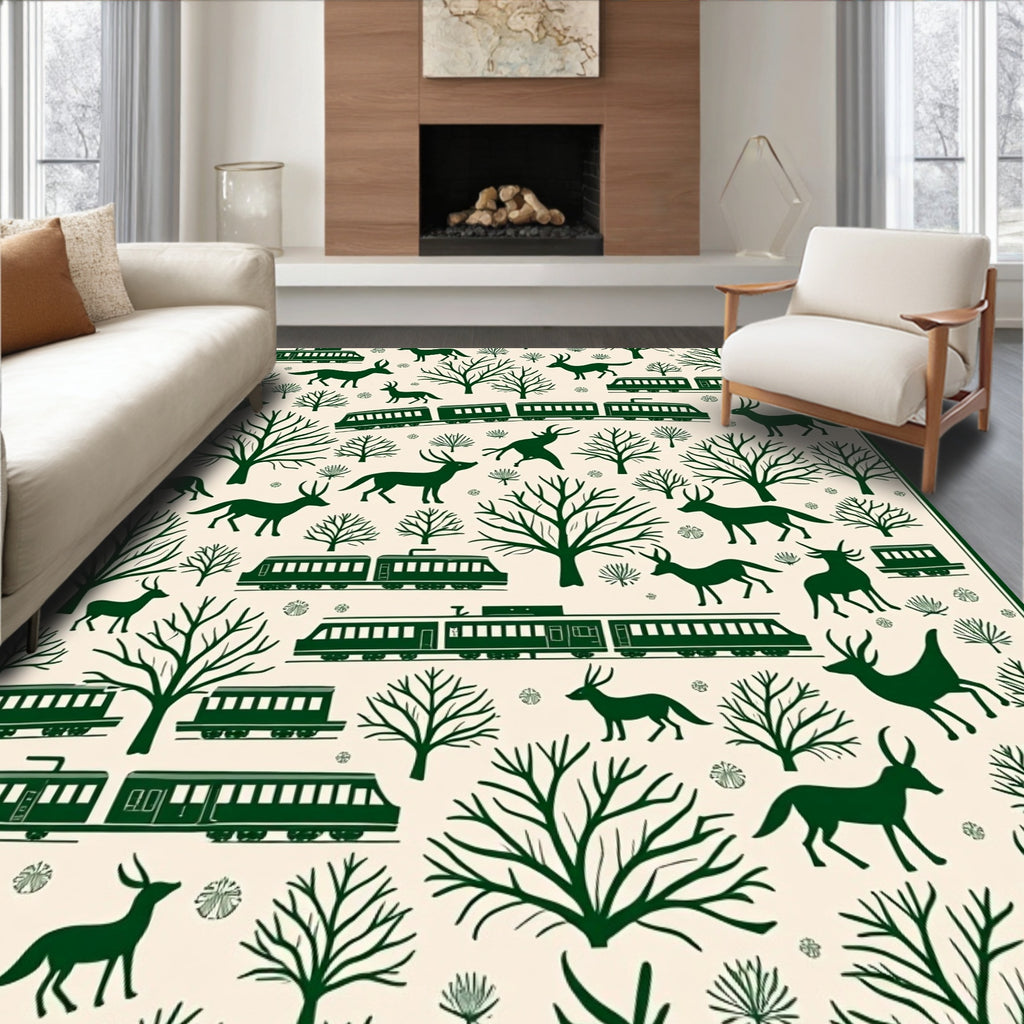Forest Deer Train Whimsical Woodland Scene Rug