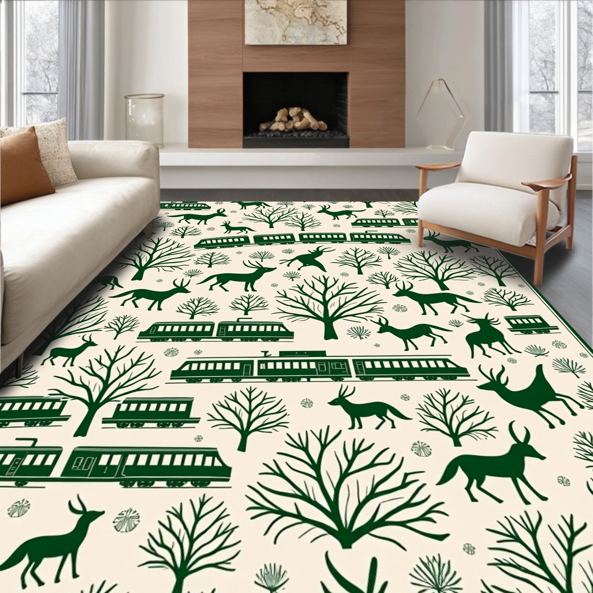 Forest Deer Train Whimsical Woodland Scene Rug