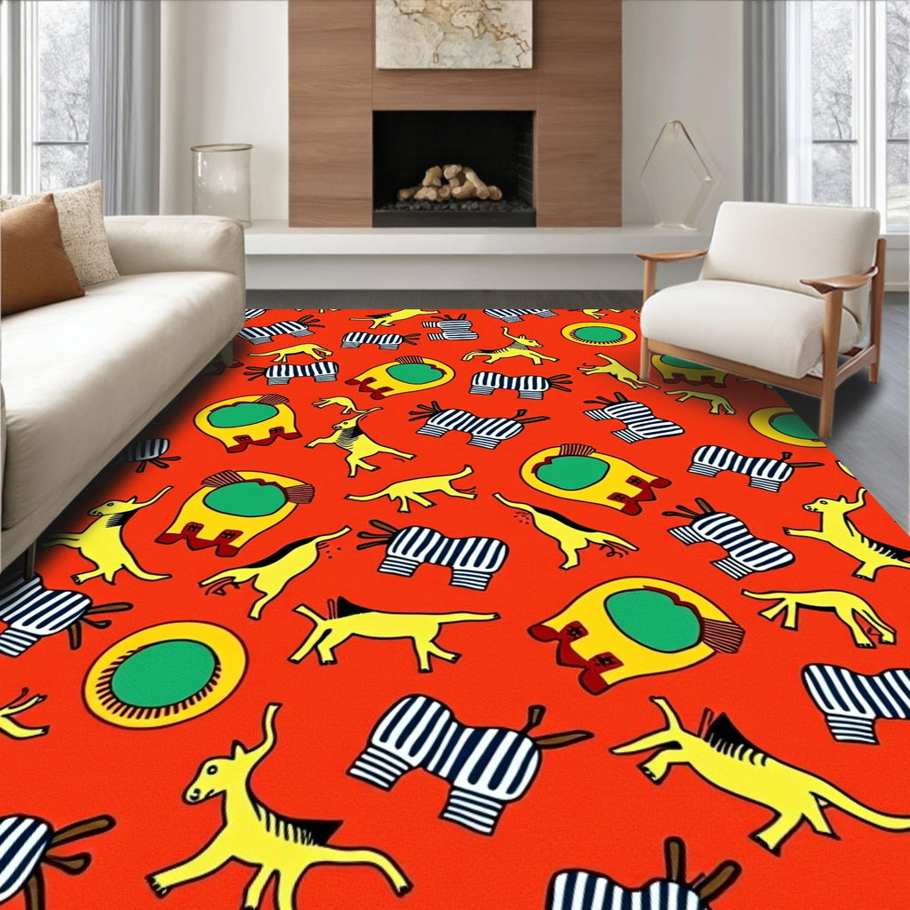 Playful Yellow Animals and Zebras Round Rug