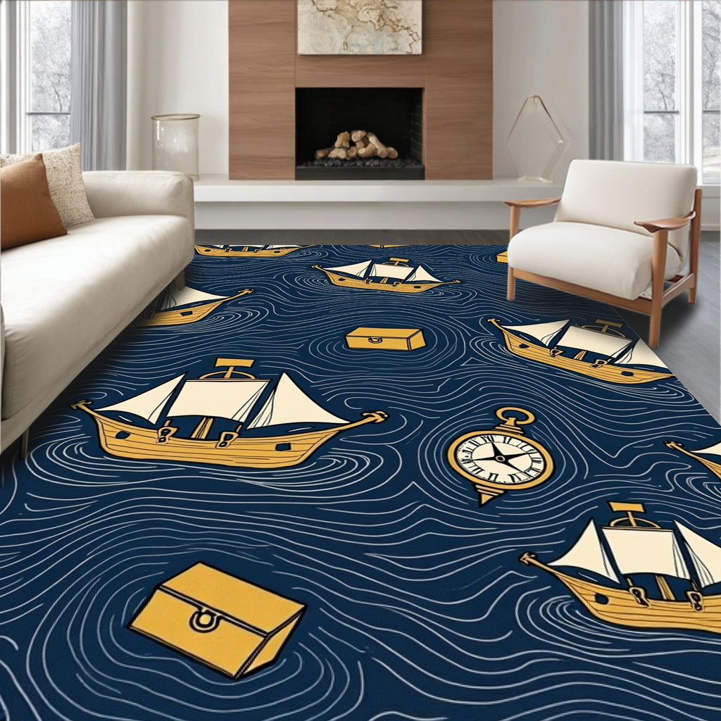 Golden Ships on Deep Blue Ocean Rug