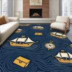 Golden Ships on Deep Blue Ocean Rug