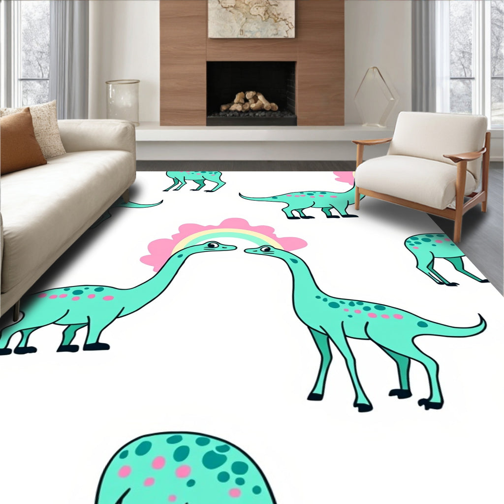 Playful Teal Dinosaur Rainbow Whimsy Rug