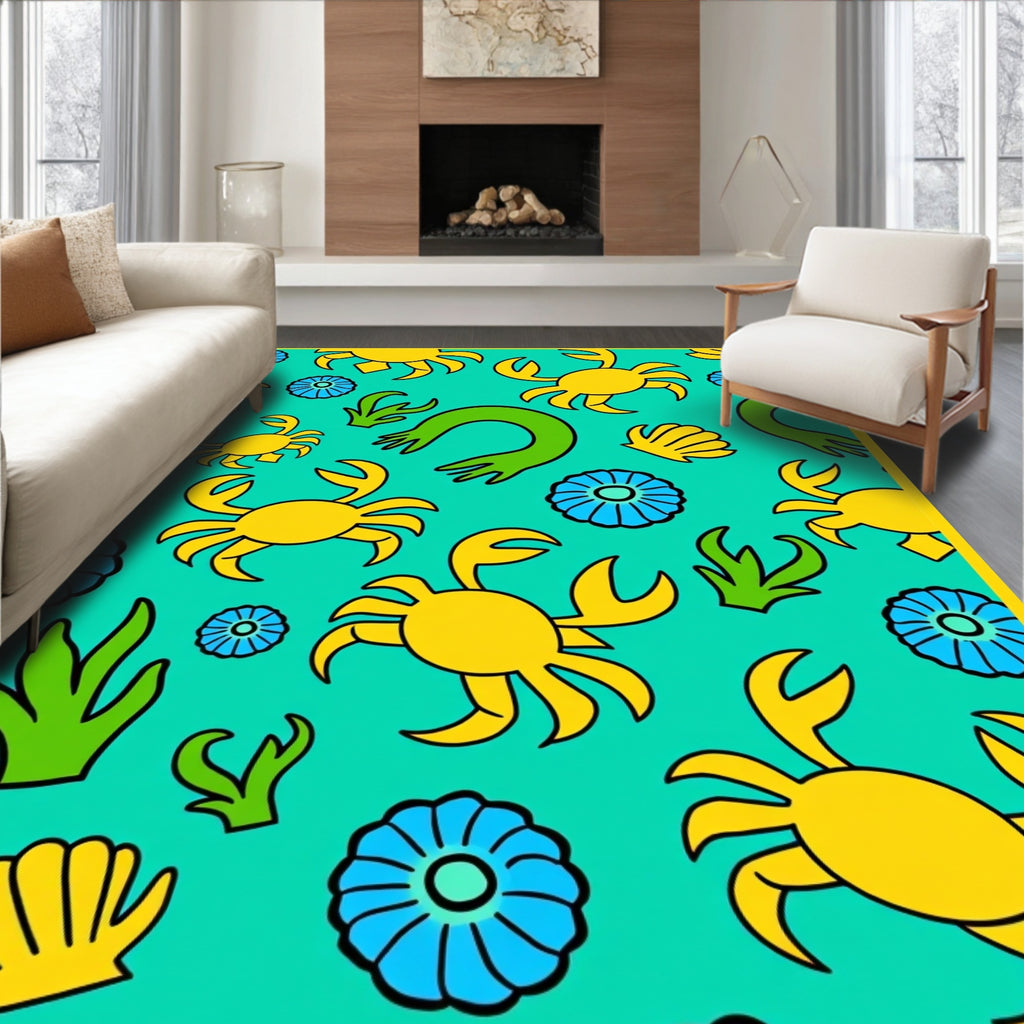 Yellow Crab Blue Flower Green Algae Rug
