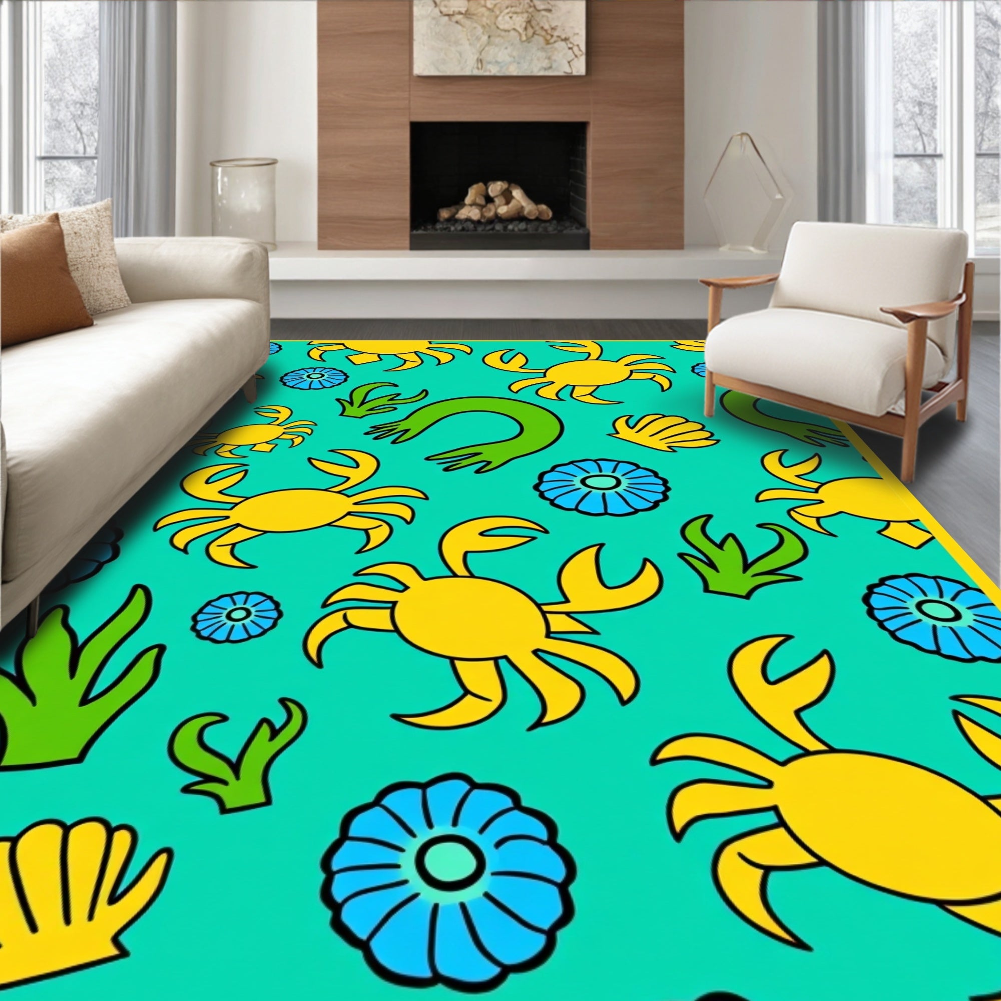 Yellow Crab Blue Flower Green Algae Rug