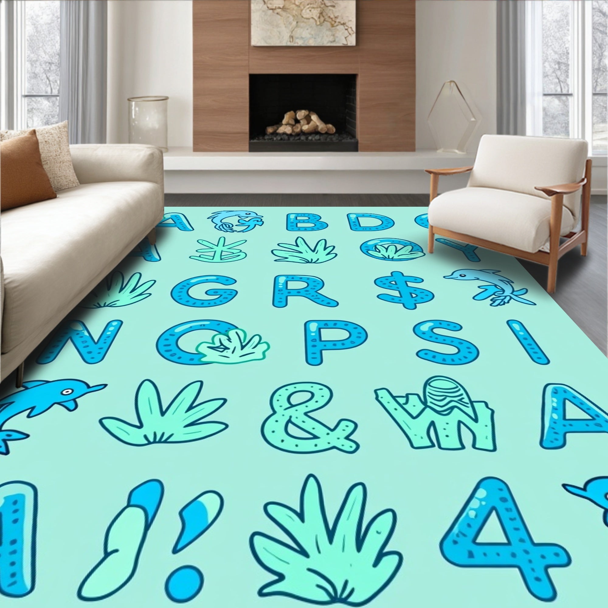 Oceanic alphabet with dolphins and coral Rug