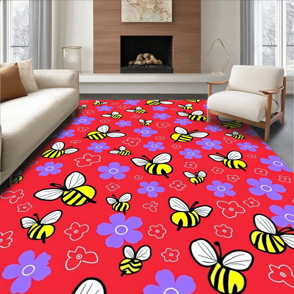 Whimsical Bumblebees And Violet Flowers Rug