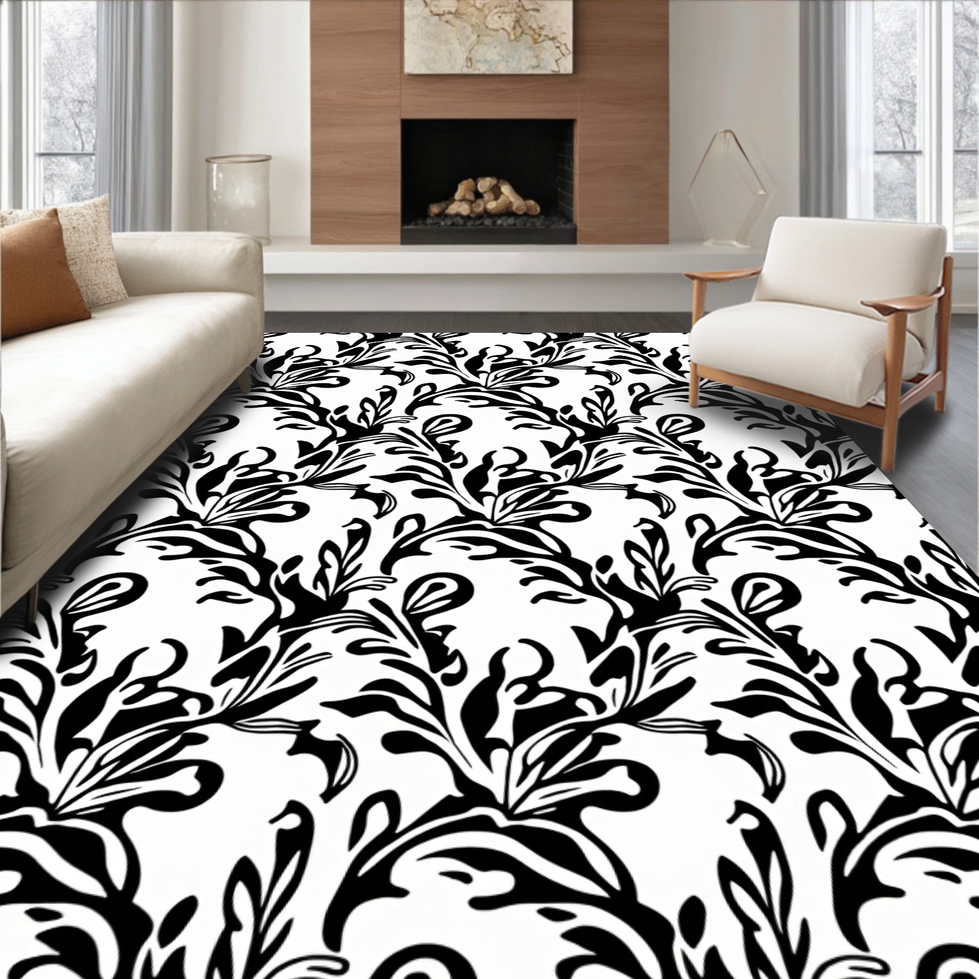 Elegant Black White Flourish Vine Rug