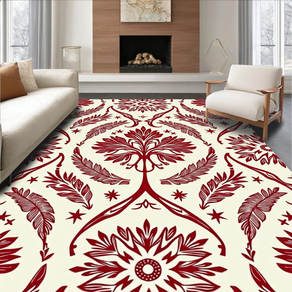 Crimson Floral Feather Mandala Rug