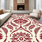 Crimson Floral Feather Mandala Rug