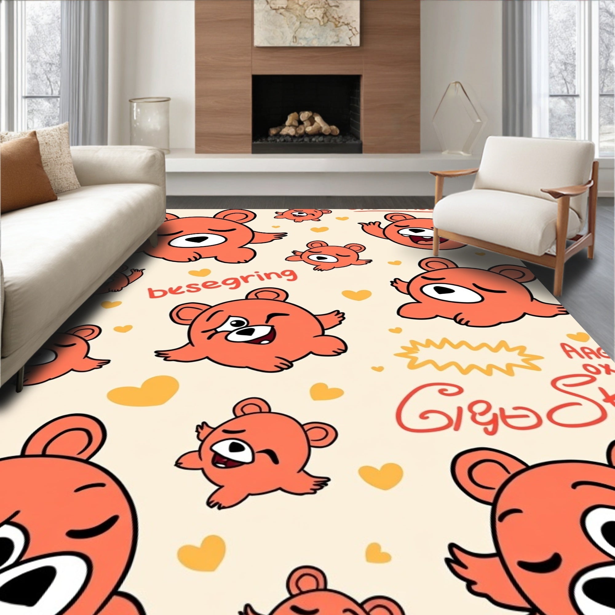 Orange Bear Hearts Repeating Rug
