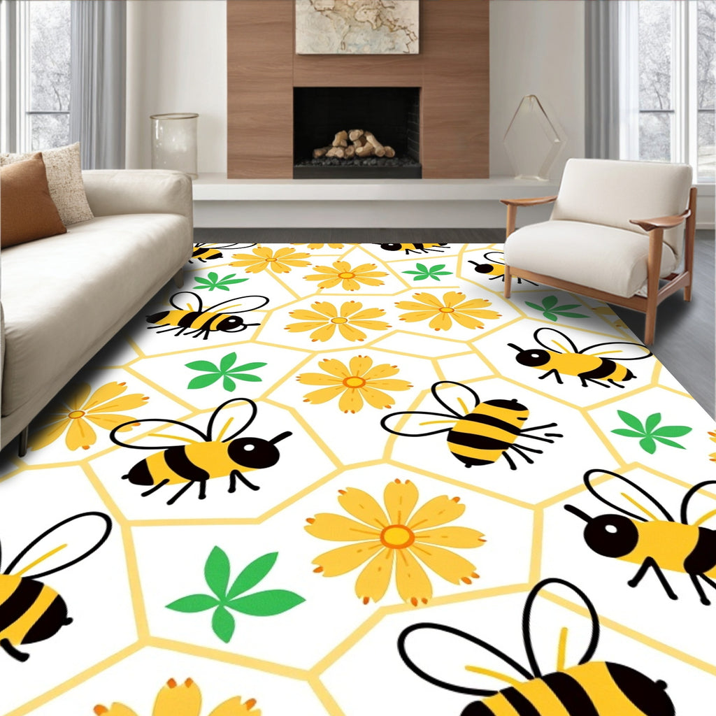 Cute Yellow Bee Yellow Flower Garden Rug