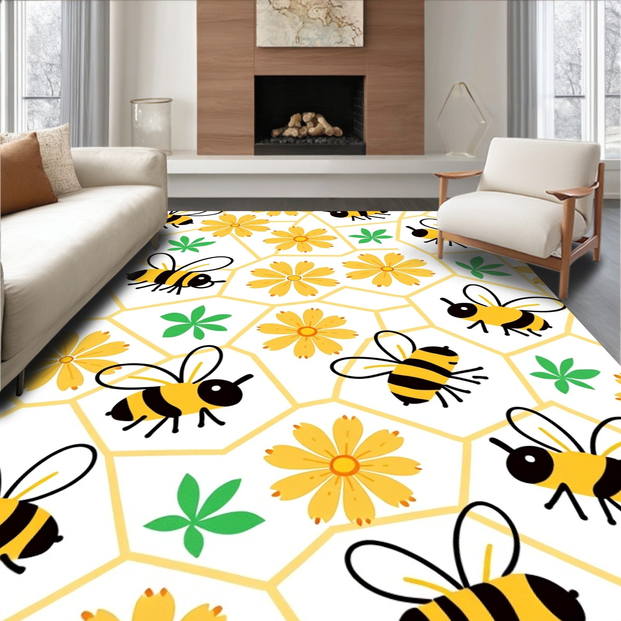 Cute Yellow Bee Yellow Flower Garden Rug