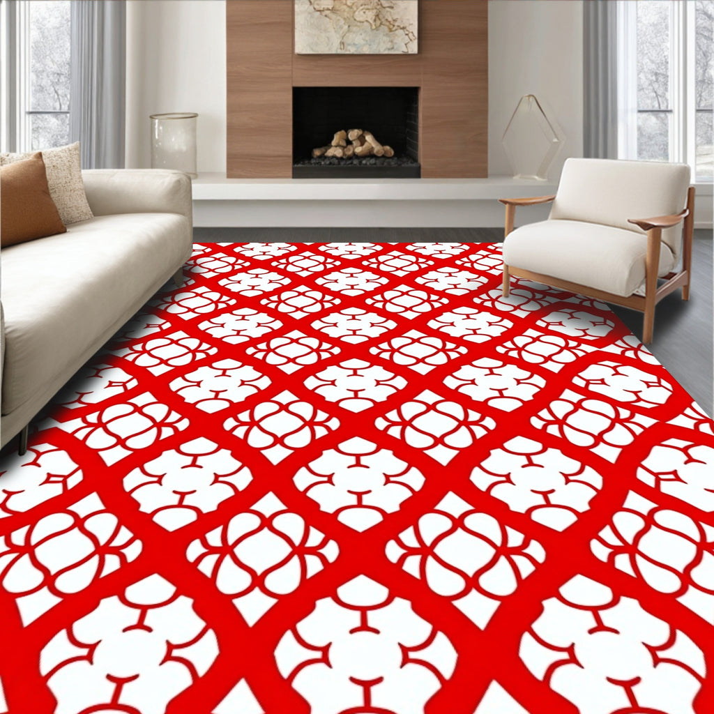 Bold Red Lattice Geometric Rug