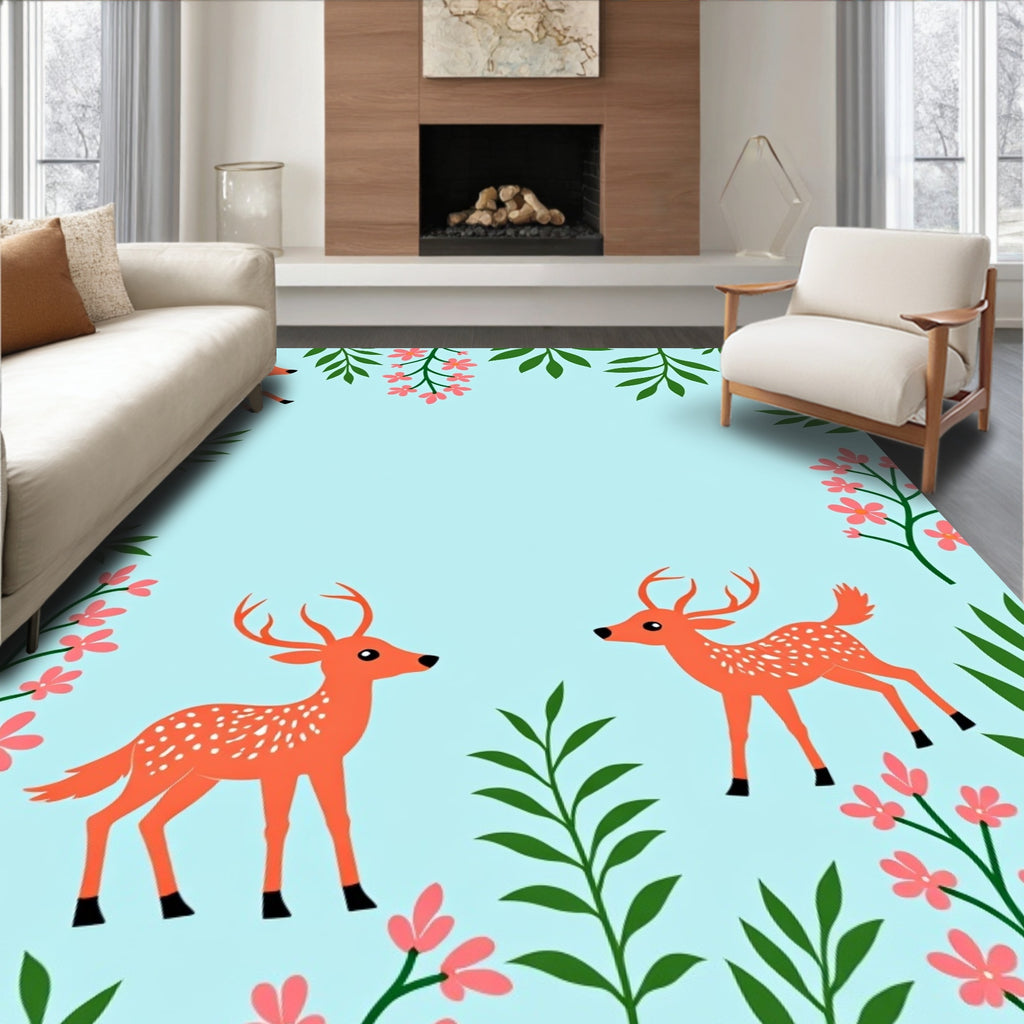 Whimsical Orange Deer Floral Garden Rug