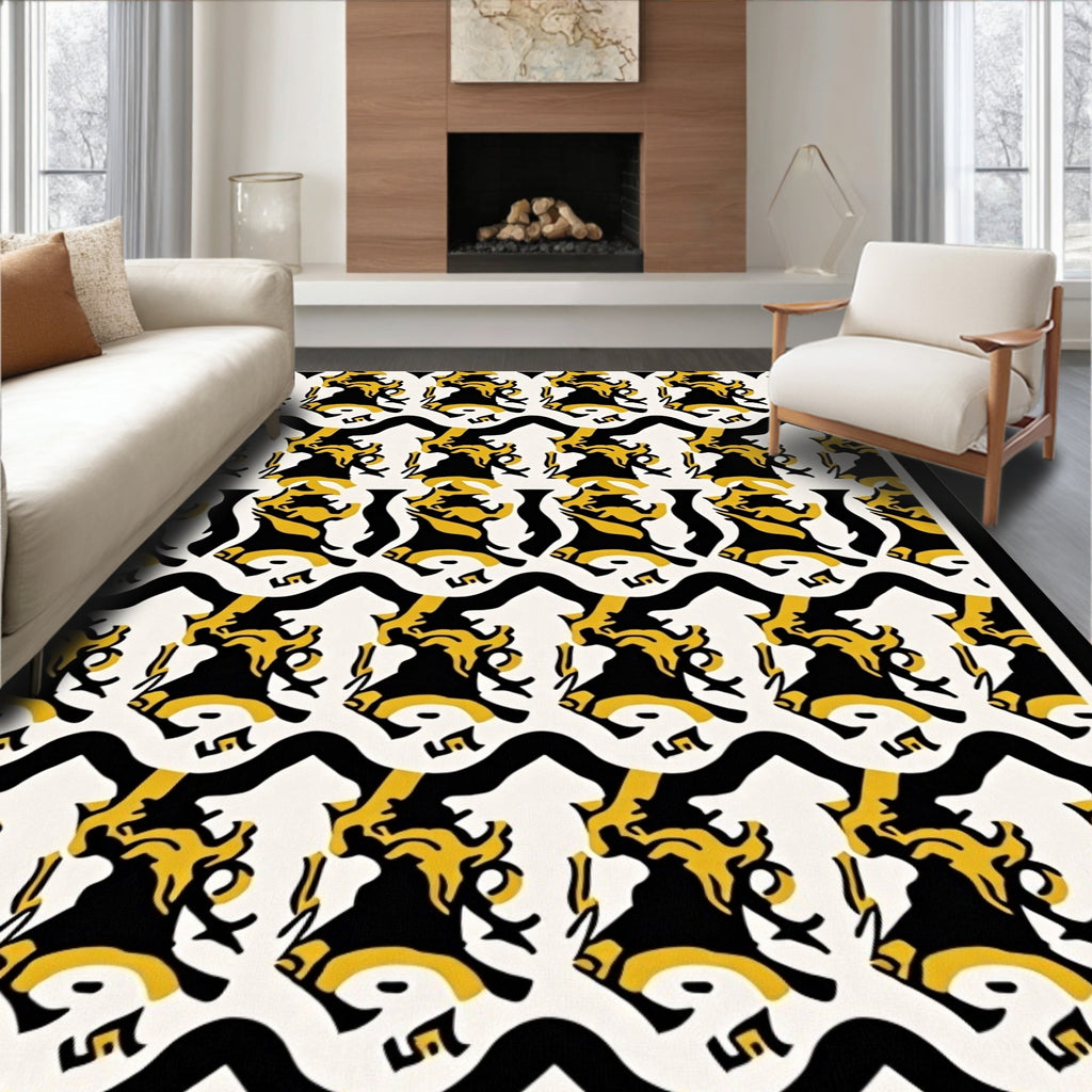 Bold Yellow Black Abstract Swirl Rug