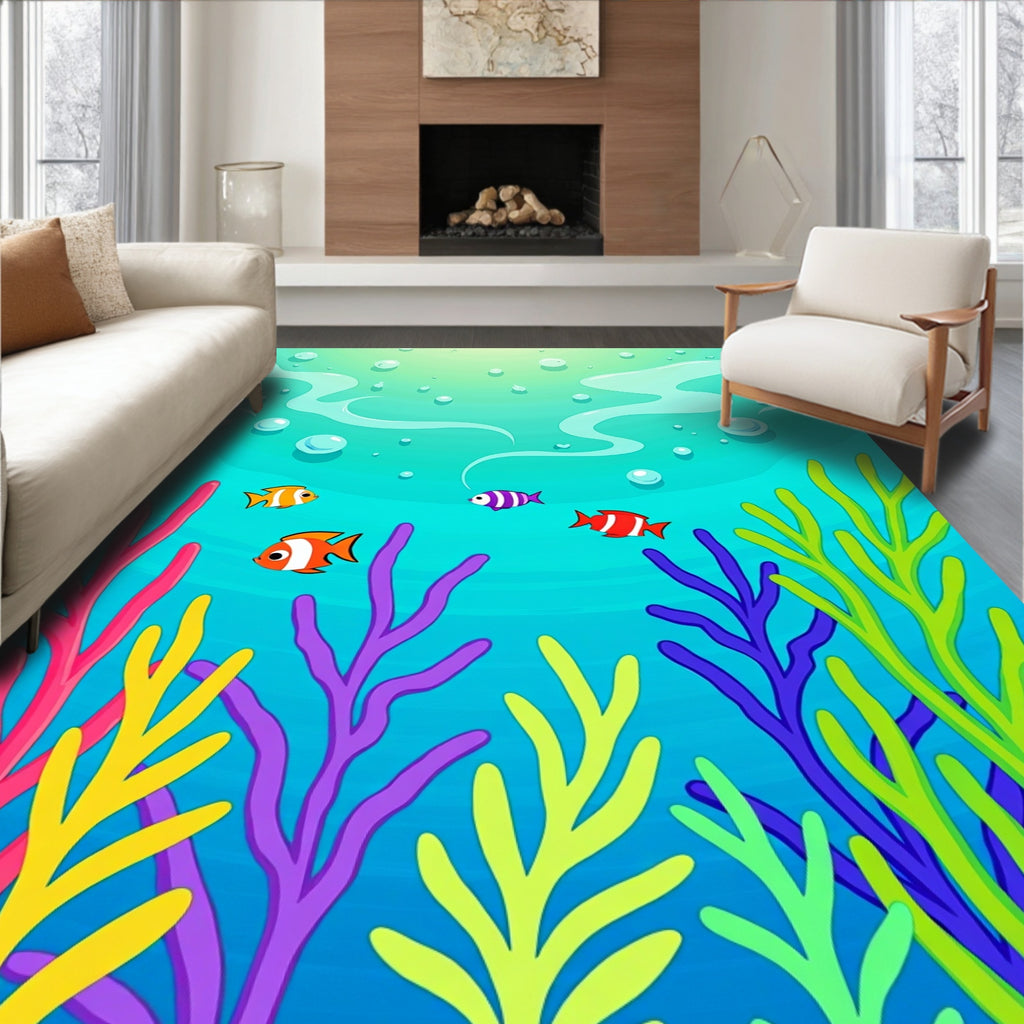 Undersea Coral Reef Fish Scene Rug