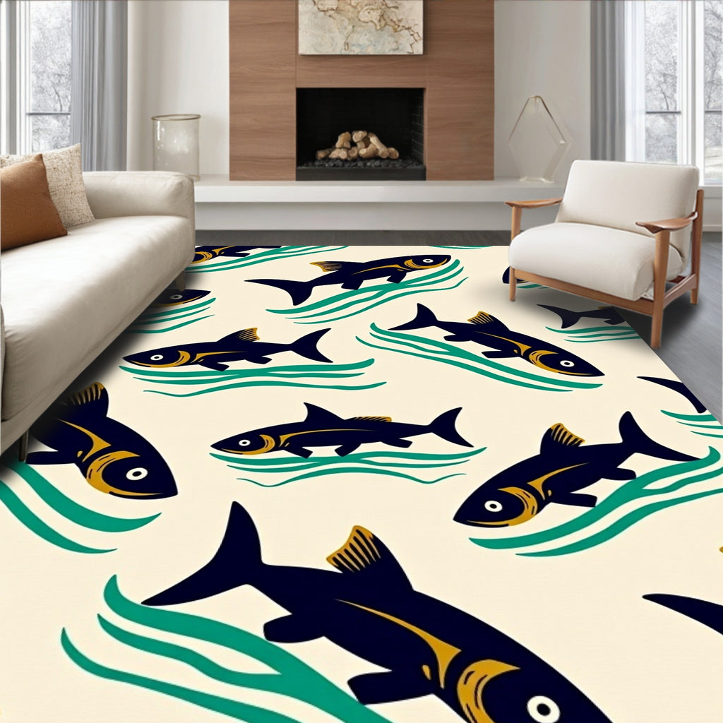 Navy and Gold Schooling Fish Rug