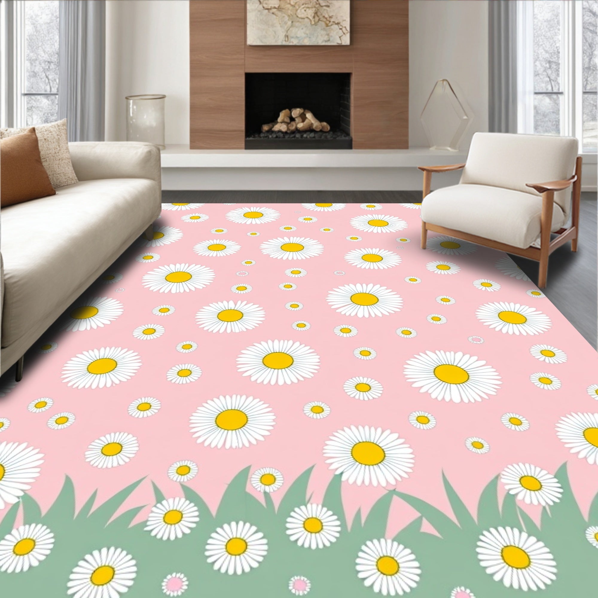 Dainty White Daisy Field Rug